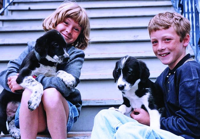 Two young people holding dogs